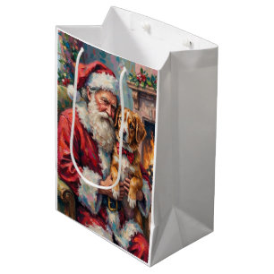 Santa Claus hält einen Greater Swiss Mountain Dog Mittlere Geschenktüte