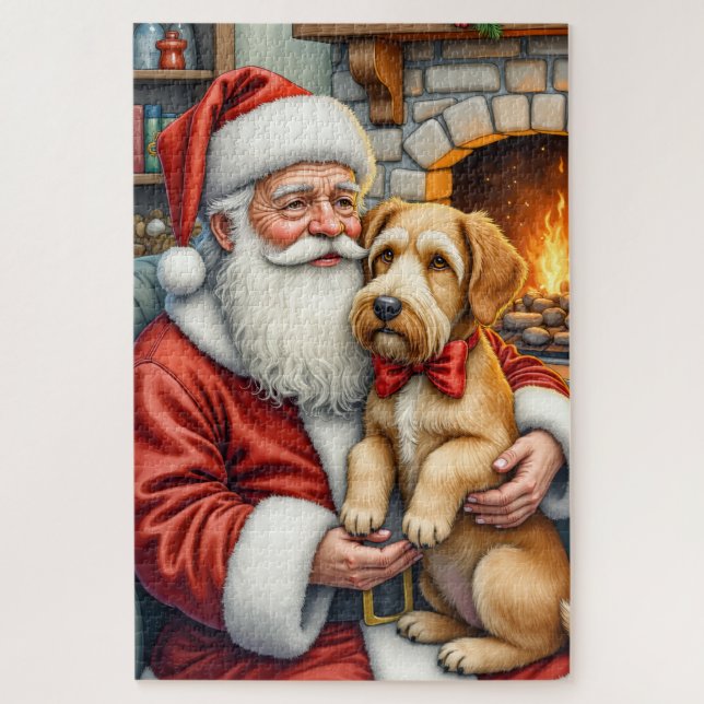 Santa Claus Holding Airedale Christmas Art (Vertikal)