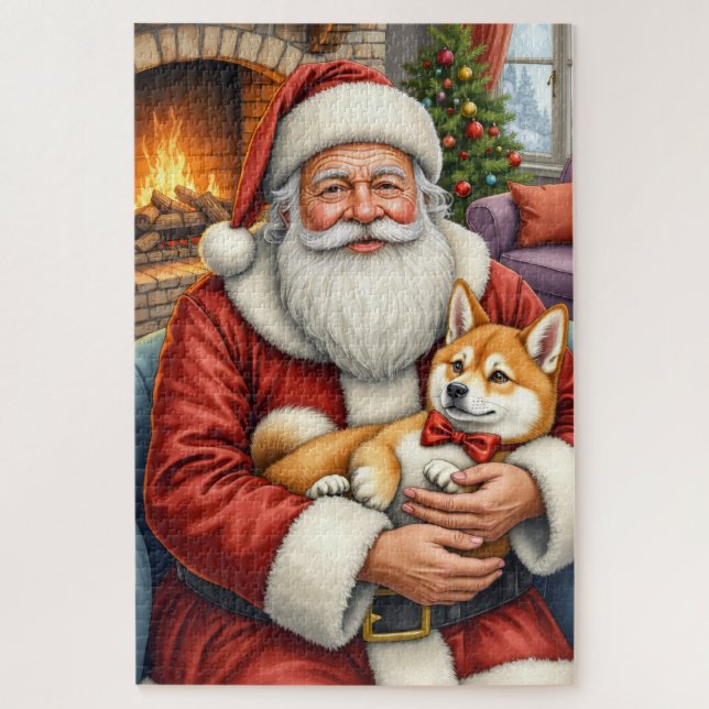 Santa Claus Holding Akita Christmas Art (Vertikal)