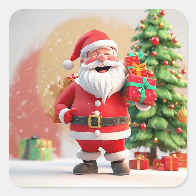 Santa Claus Holding anwesend Quadratischer Aufkleber (Vorderseite)