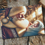 Santa Claus Holding Baby Jesus Weihnachten<br><div class="desc">Weihnachten im Vintagen Stil mit einer neugeborenen schönen Jesuskunstkarte. Personalisieren Sie dies mit Ihrer eigenen Nachricht und dem Namen auf der Innenseite und senden Sie diese einzigartige und inspirierend Karte an Freunde und Familie für den Urlaub.</div>