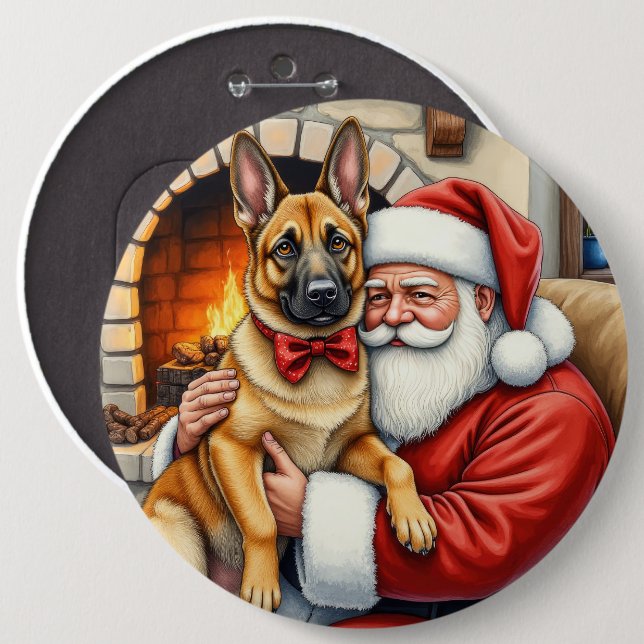 Santa Claus Holding Belgian Malinois Christmas Art Button (Vorne & Hinten)