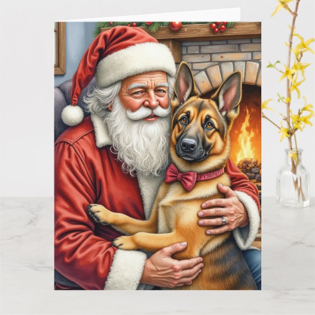 Santa Claus Holding Belgian Shepherd Christmas Art Karte (Gelbe Blume)