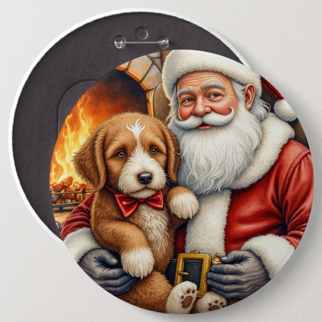 Santa Claus Holding Bernedoodle Christmas Art Button (Vorne & Hinten)