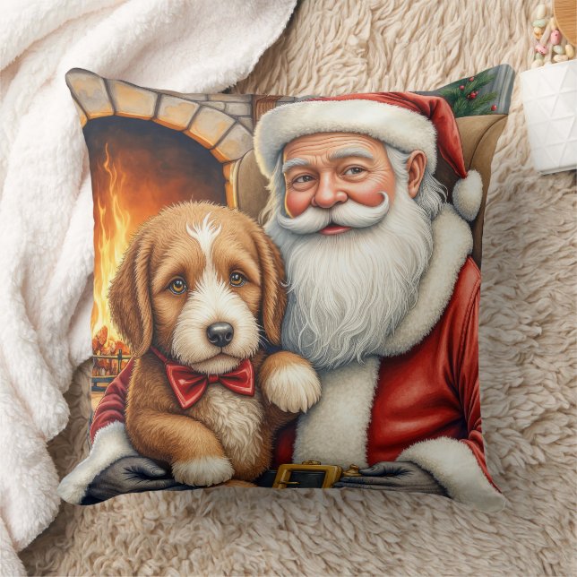 Santa Claus Holding Bernedoodle Christmas Art Kissen (Decke)