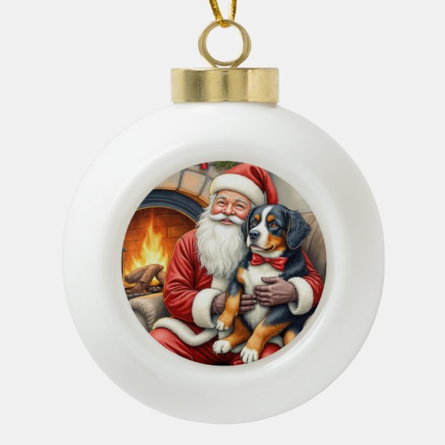 Santa Claus Holding Bernese Mountain Dog Christmas Keramik Kugel-Ornament (Vorderseite)