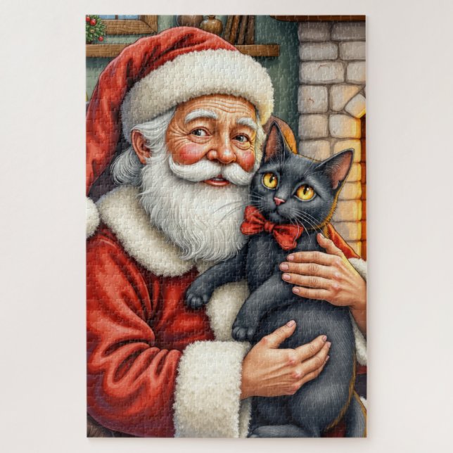 Santa Claus Holding Black Cat Christmas Art (Vertikal)