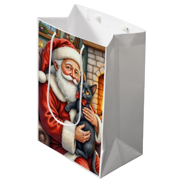 Santa Claus Holding Black Cat Christmas Art Mittlere Geschenktüte (Vorderseite Schrägansicht)