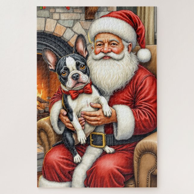 Santa Claus Holding Boston Terrier Christmas Art (Vertikal)