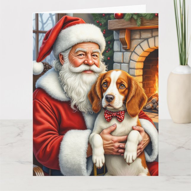 Santa Claus Holding Brittany Spaniel Christmas Art Karte (Vorderseite)