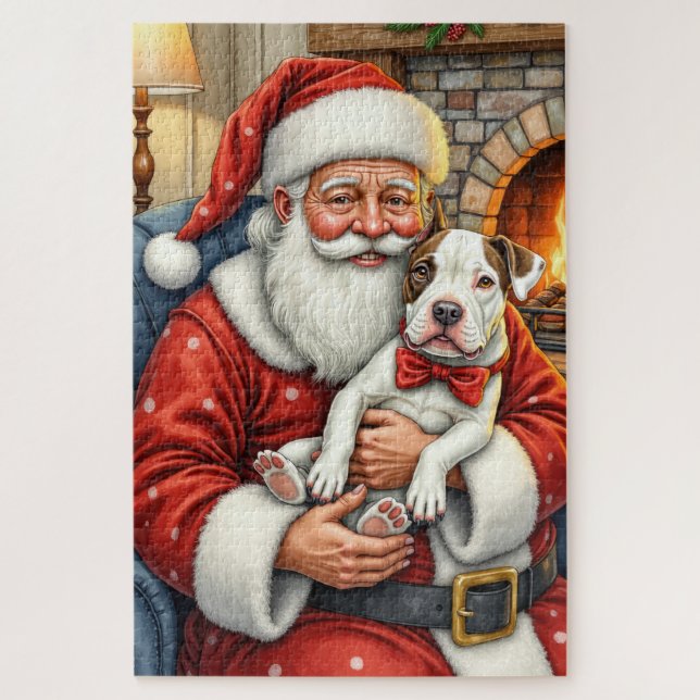 Santa Claus Holding Bull Terrier Christmas Art (Vertikal)