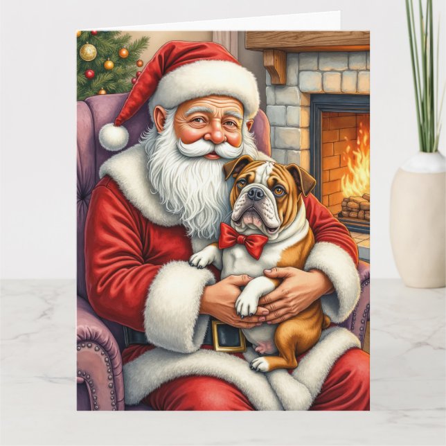 Santa Claus Holding Bulldog Christmas Art Karte (Vorderseite)