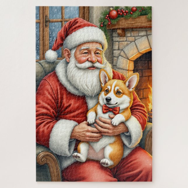 Santa Claus Holding Corgi Christmas Art (Vertikal)