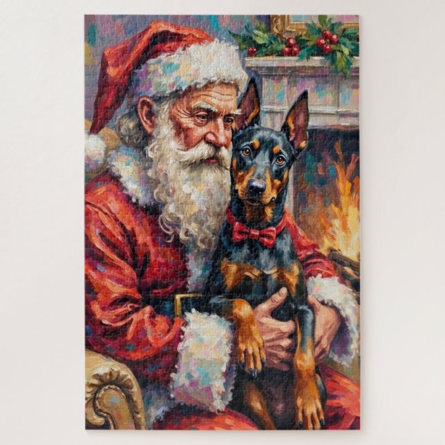 Santa Claus Holding Doberman Christmas Art (Vertikal)