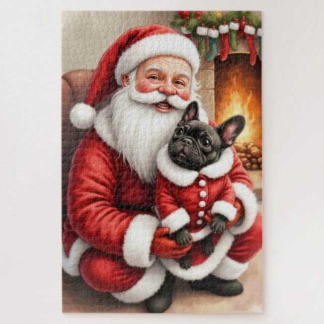 Santa Claus Holding French Bulldog Christmas Art (Vertikal)
