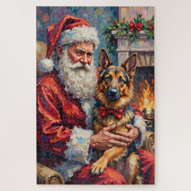 Santa Claus Holding German Shepherd Christmas Art (Vertikal)