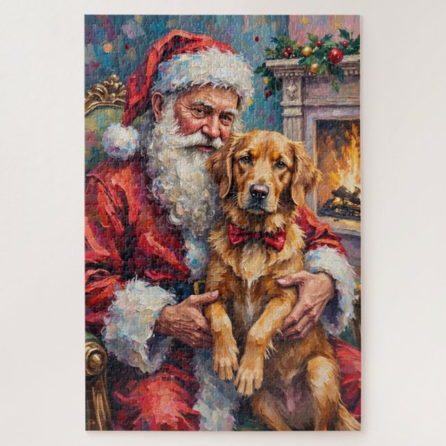 Santa Claus Holding Golden Retriever Christmas Art (Vertikal)