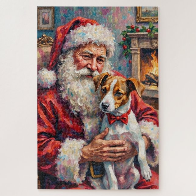 Santa Claus Holding Jack Russell Christmas Art (Vertikal)