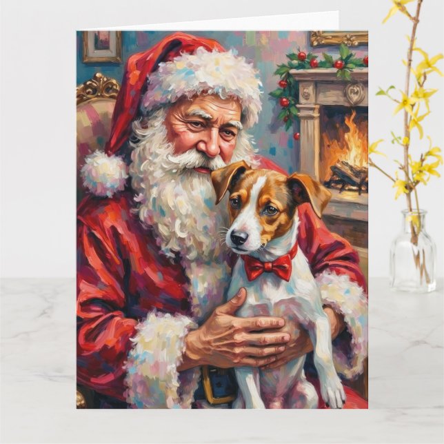 Santa Claus Holding Jack Russell Christmas Art Karte (Gelbe Blume)