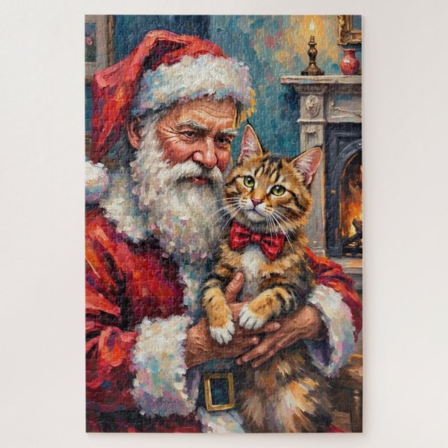 Santa Claus Holding Maine Coon Cat Christmas Art (Vertikal)