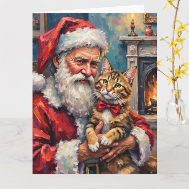 Santa Claus Holding Maine Coon Cat Christmas Art Karte (Gelbe Blume)