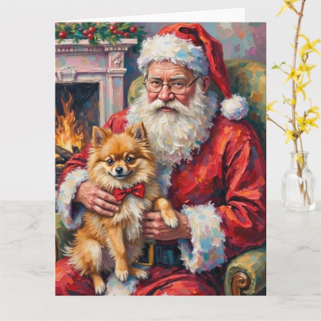 Santa Claus Holding Pomeranian Christmas Art Karte (Gelbe Blume)