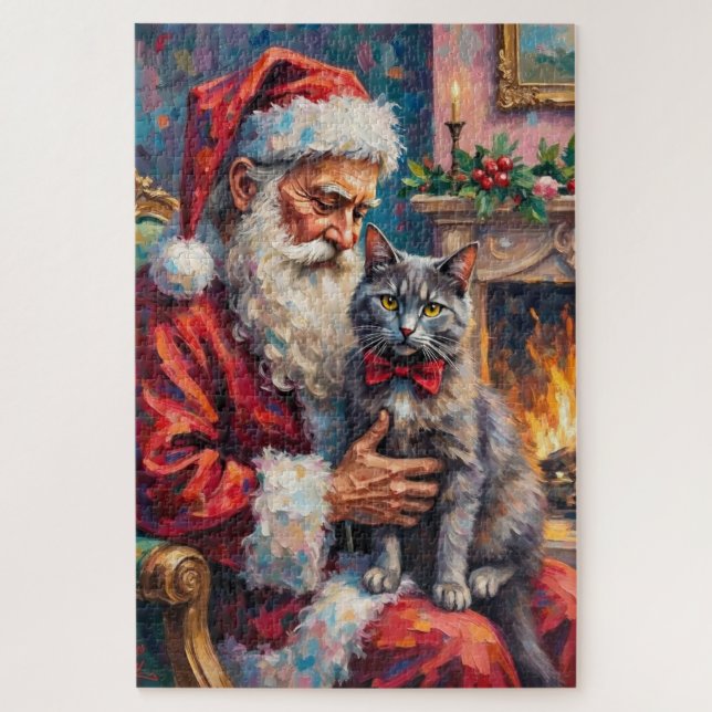 Santa Claus Holding Russian Blue Cat Christmas Art (Vertikal)