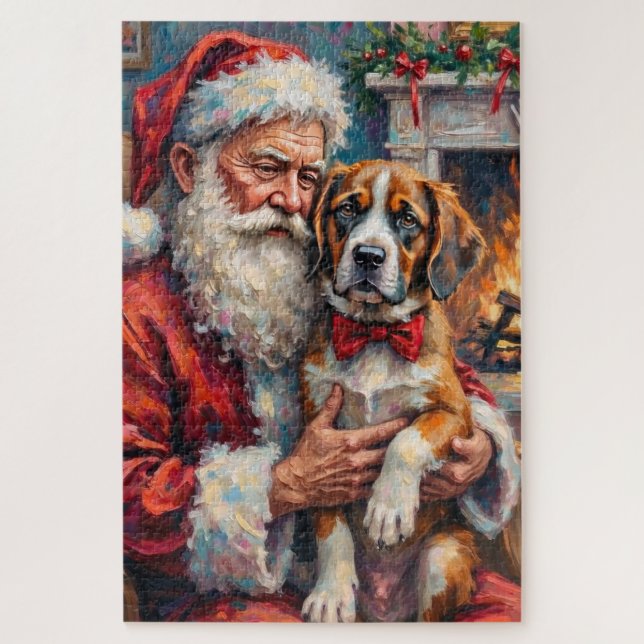 Santa Claus Holding Saint Bernard Christmas Art (Vertikal)