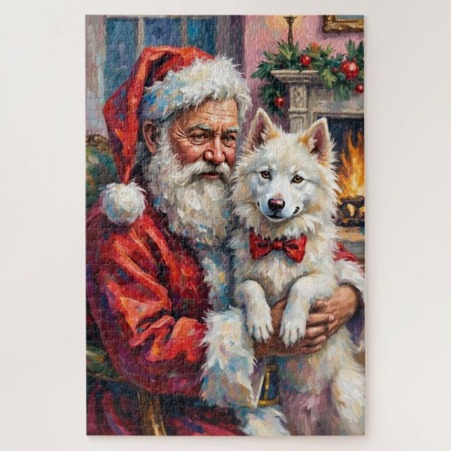 Santa Claus Holding Samoyed Christmas Art (Vertikal)