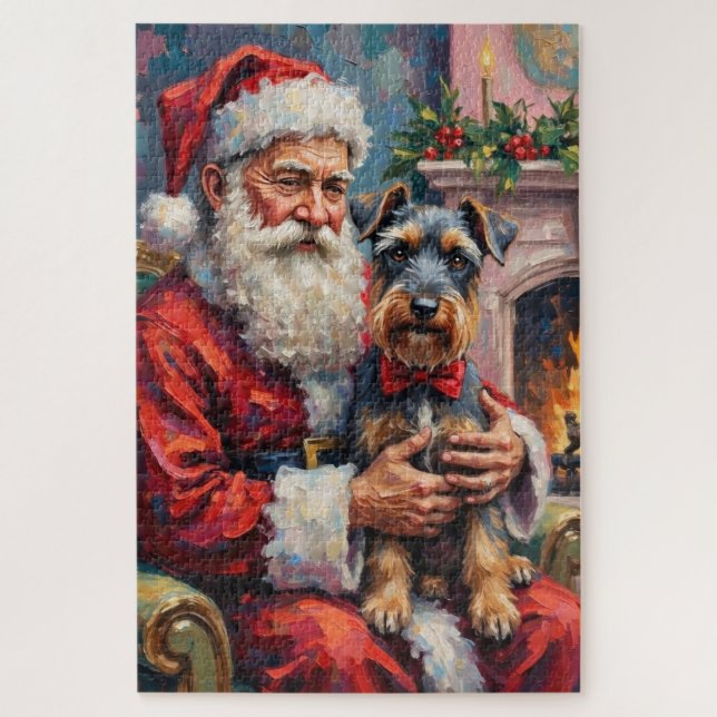 Santa Claus Holding Schnauzer Christmas Art (Vertikal)