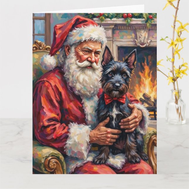 Santa Claus Holding Scottish Terrier Christmas Art Karte (Gelbe Blume)