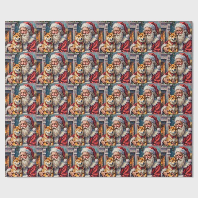 Santa Claus Holding Shiba Inu Christmas Art Geschenkpapier (Flach)