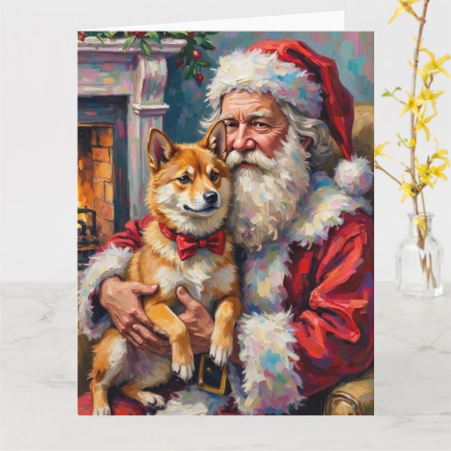 Santa Claus Holding Shiba Inu Christmas Art Karte (Gelbe Blume)