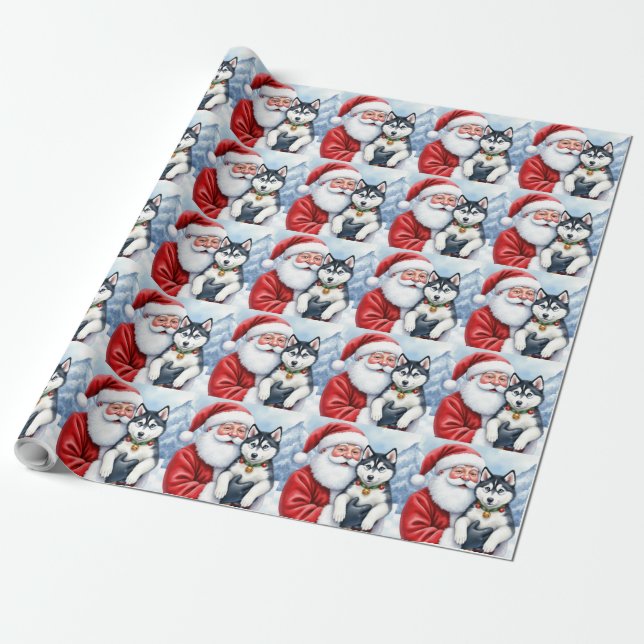 Santa Claus Holding Siberian Husky Christmas Art Geschenkpapier (Ungerollt)