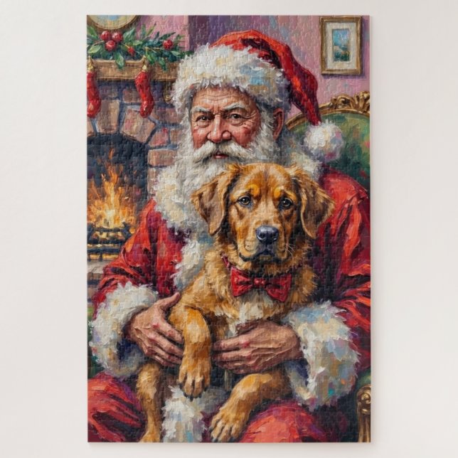 Santa Claus Holding Tibetan Mastiff Christmas Art (Vertikal)