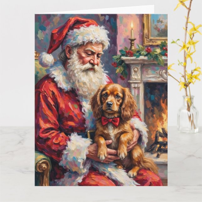 Santa Claus Holding Tibetan Spaniel Christmas Art Karte (Gelbe Blume)