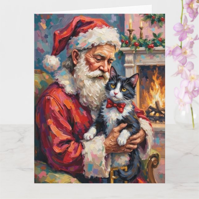 Santa Claus Holding Tuxedo Cat Christmas Art Karte (Orchidee)