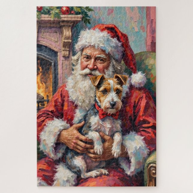 Santa Claus Holding Wirefox Terrier Christmas Art (Vertikal)