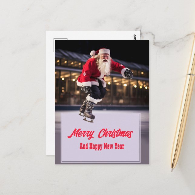 Santa Claus Ice Skating Postkarte (Vorderseite/Rückseite Beispiel)