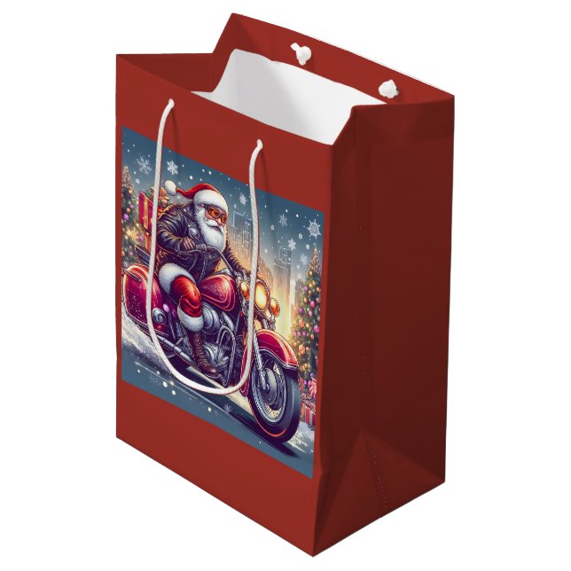 Santa Claus im Motormodus Mittlere Geschenktüte (Vorderseite Schrägansicht)