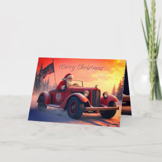 Santa Claus in einem Rennwagen Feiertagskarte