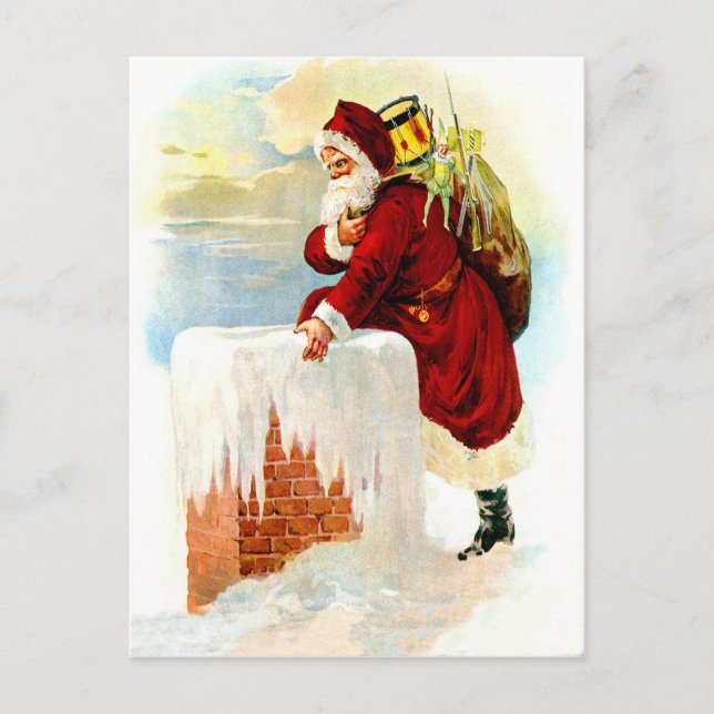 Santa Claus is coming through chimney with toys Postkarte (Vorderseite)