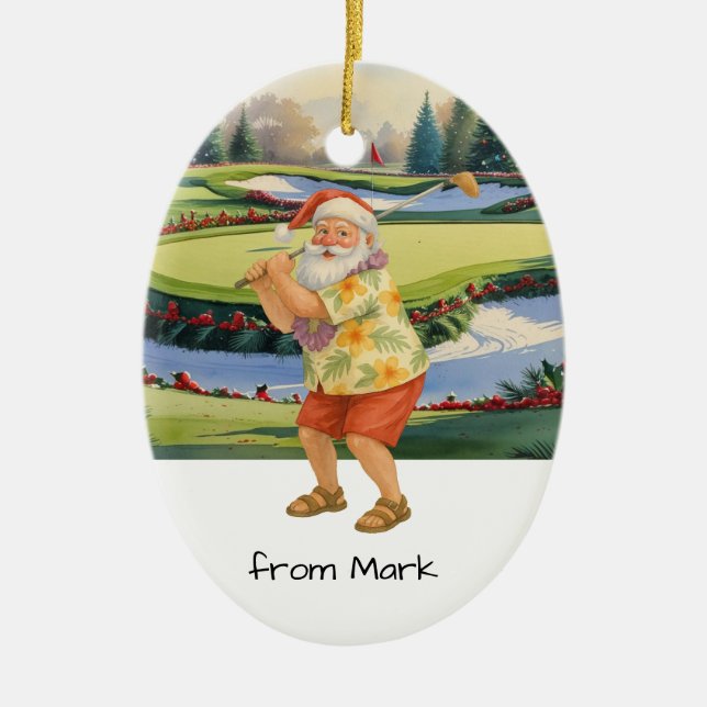 Santa Claus is golfing on golf course at Baunker Keramik Ornament (Vorne)
