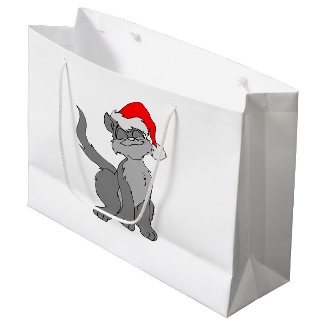Santa Claus Katze mit roter Weihnachtsmannmütze Große Geschenktüte (Vorderseite Schrägansicht)