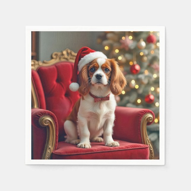 Santa Claus King Charles Spaniel auf einem roten S Serviette (Vorderseite)