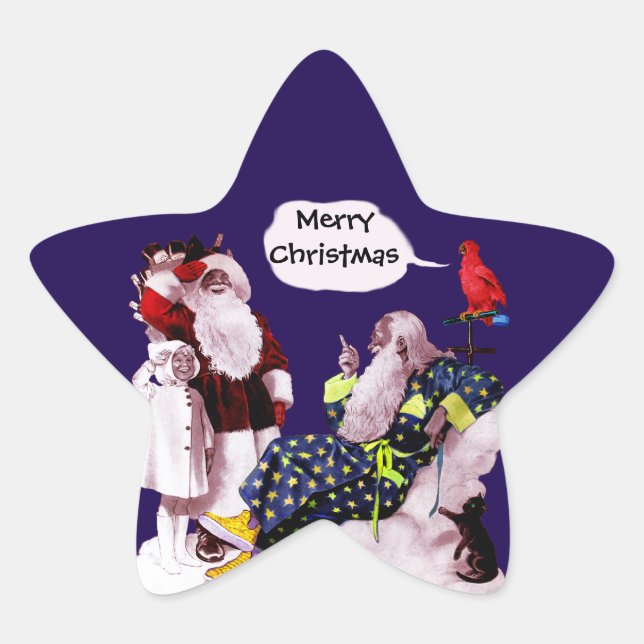 SANTA CLAUS, KLEINE ANGEL & MERLIN Weihnachtsstern Stern-Aufkleber (Vorderseite)