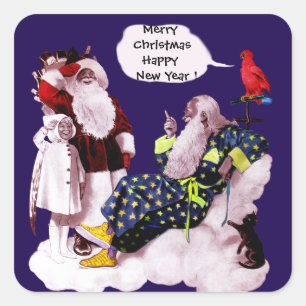 SANTA CLAUS, KLEINE ANGEL & MERLIN Weihnachtszeit  Quadratischer Aufkleber