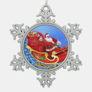 SANTA CLAUS KOMMT SCHNEEFLOCKEN Zinn-Ornament