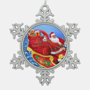 SANTA CLAUS KOMMT SCHNEEFLOCKEN Zinn-Ornament