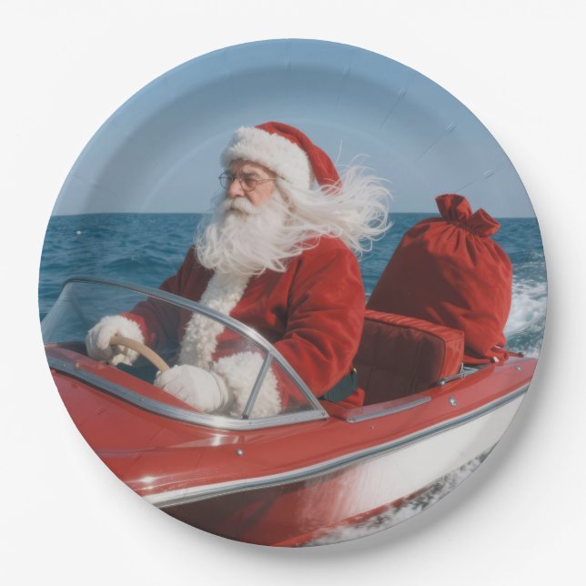 Santa Claus liefert Geschenke per Schnellboot Pappteller (Vorderseite)